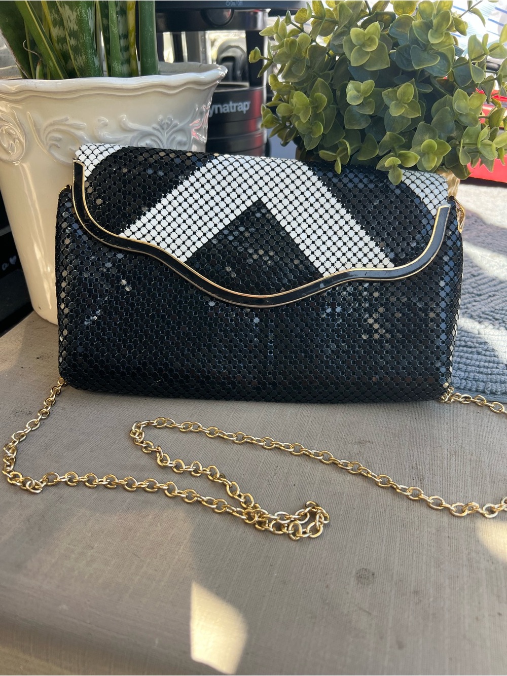 Black and White Sequin Evening Clutch with Gold Chain